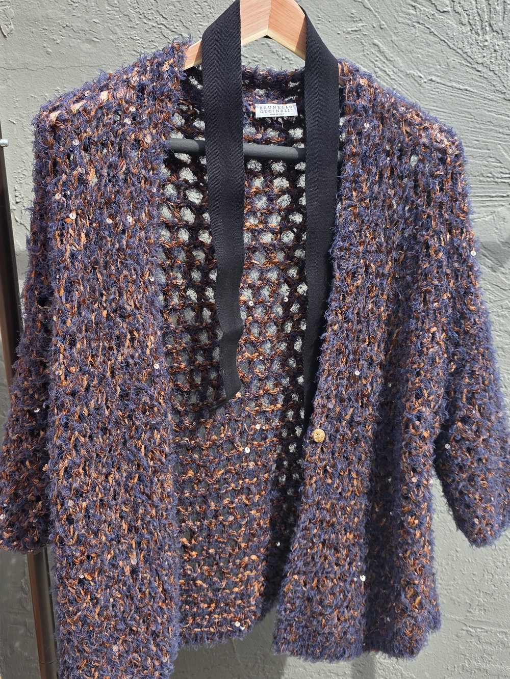 Chunky Open-Knit Navy and Copper Women’s Sweater Cardigan